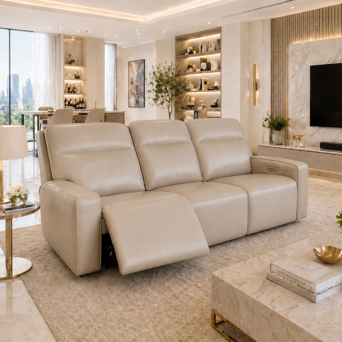Sloane 3 Seater Power Recliner Sofa – Cream Leather - Comfort Furniture