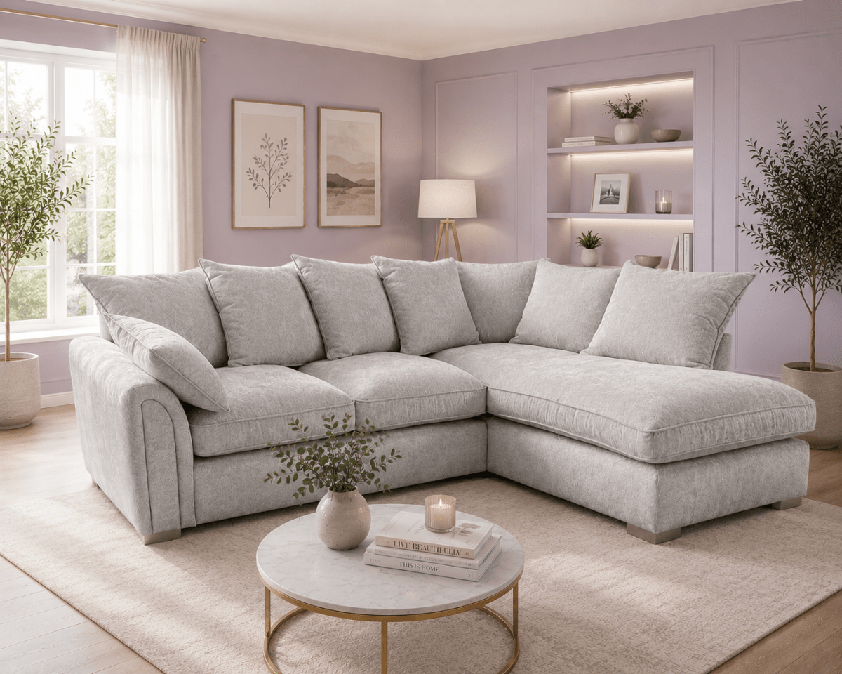 Chiswick Corner Sofa in Silver – Corner Sofa Silver & Truffle Options | Comfort Furniture