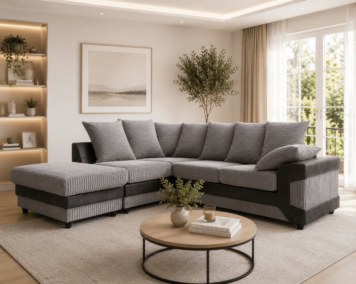 Dino Corner Sofa in Black Leather & Grey Cord – Two-Tone Corner Sofa | Comfort Furniture