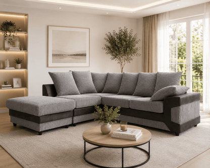 Dino Corner Sofa in Black Leather & Grey Cord – Two-Tone Corner Sofa | Comfort Furniture