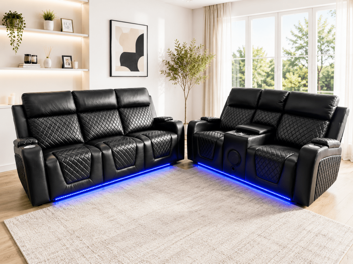 Florida Leather Sofa 3+2 Electric Recliner in Black – USB & Cup Holders | Comfort Furniture