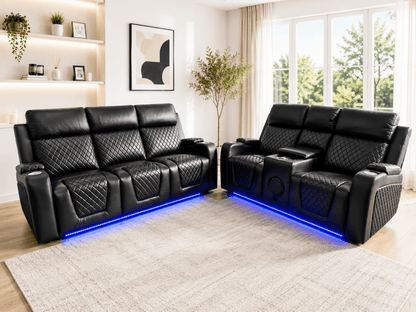Florida Leather Sofa 3+2 Electric Recliner in Black – USB & Cup Holders | Comfort Furniture