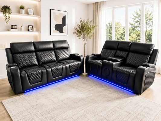 Florida Leather Sofa 3+2 Electric Recliner in Black – USB & Cup Holders | Comfort Furniture