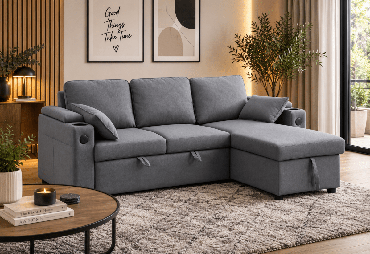 Francesca Corner Sofa, usb, storage, cupholders - Comfort Furniture