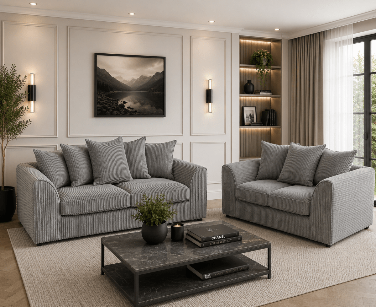 Harley Jumbo Sofa Suite in Black Faux Leather – 3+2 Sofa Suite | Comfort Furniture