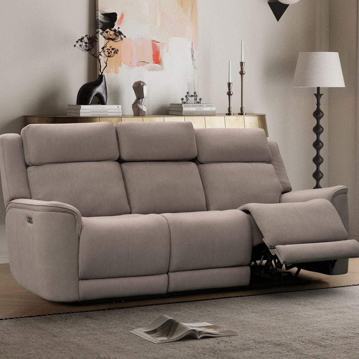 Langford 3 Seater Power Recliner Sofa – Light Grey Fabric - Comfort Furniture