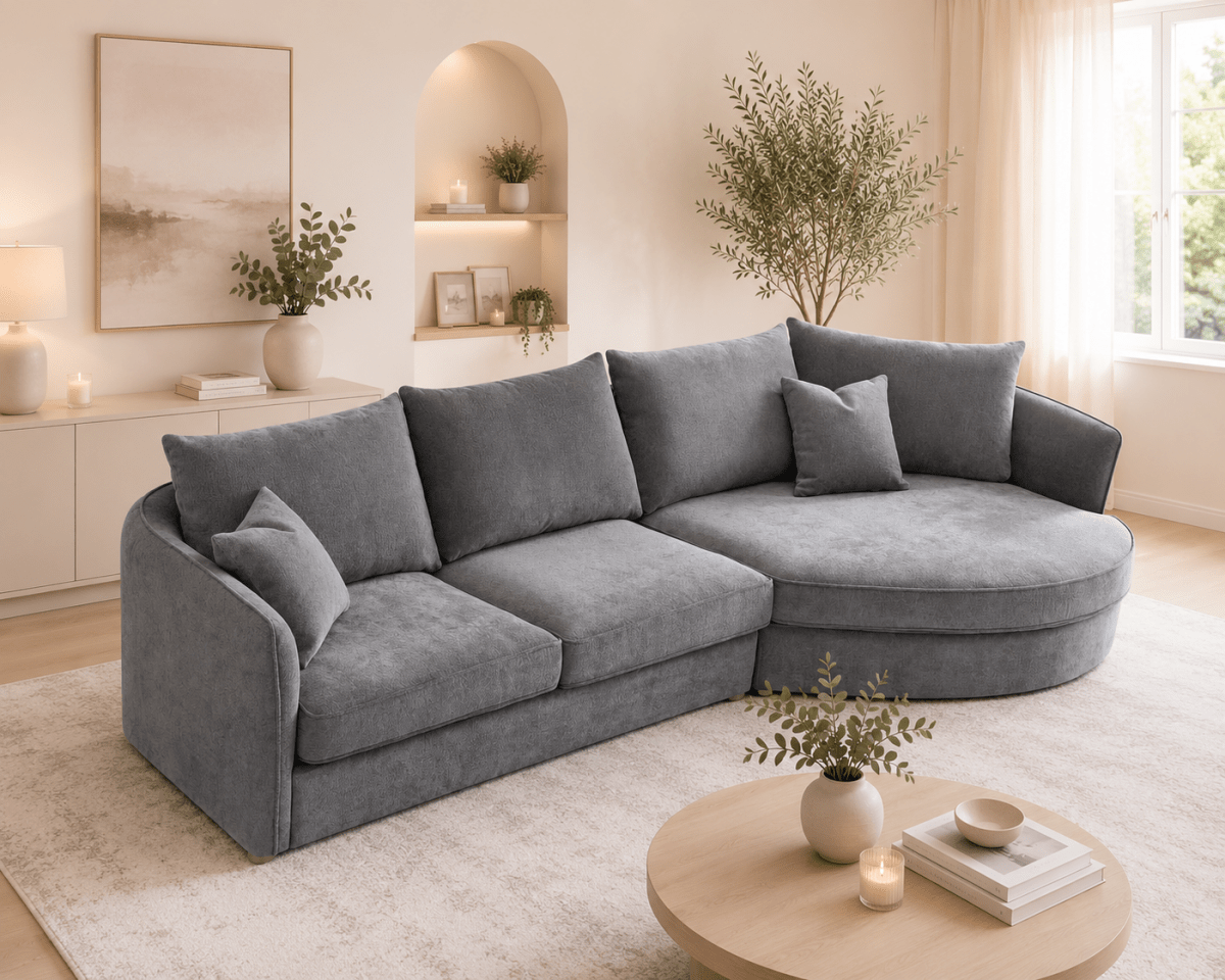 Rubin Corner Chaise in Grey – Corner Chaise Sofa Grey & Pebble | Comfort Furniture
