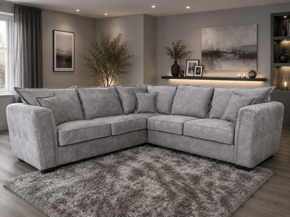 Serena Corner Sofa in Brown – L-Shape Corner Sofa Silver & Charcoal | Comfort Furniture