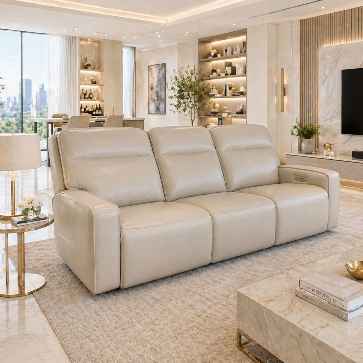 Sloane 3 Seater Power Recliner Sofa – Cream Leather - Comfort Furniture